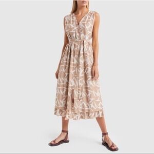 Mirth Marais Dress Desert Sand Leaf Print Cotton Silk‎ Midi Dress Belt Women's M